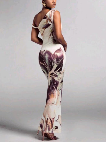 Printed pleated one-shoulder maxi dress