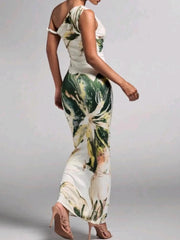Printed pleated one-shoulder maxi dress