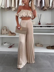 Solid color tube top pleated trousers suit