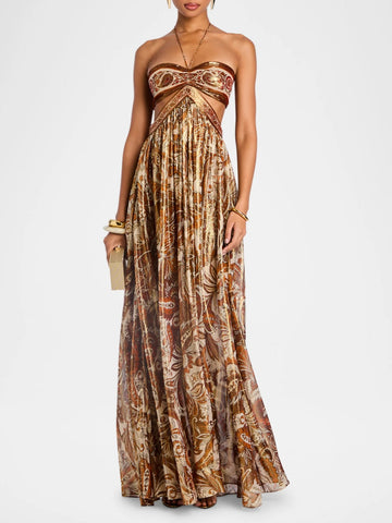 Vintage Print Halter Neck Hollow Dress