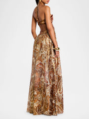 Vintage Print Halter Neck Hollow Dress