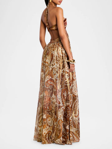 Vintage Print Halter Neck Hollow Dress