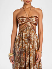 Vintage Print Halter Neck Hollow Dress