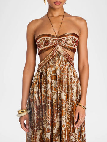 Vintage Print Halter Neck Hollow Dress