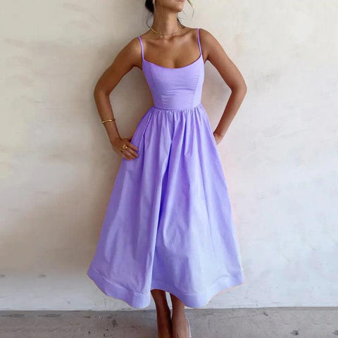 Pure Color Pleated Waist and Large Swing Sexy Suspender Dress